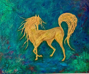 Golden Horse On Green 20x24