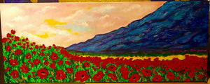 Textured Blue Mountains and Poppies 16 x 40